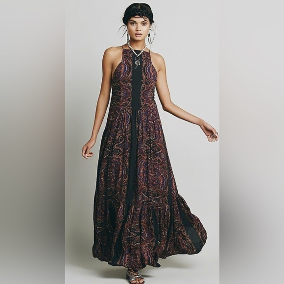 Free People Dresses & Skirts - Free People Fragile Hearts Maxi Dress
Black Maroon Paisley 
Size XS